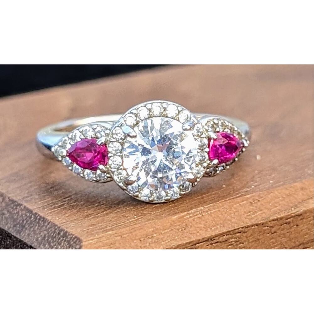 925 Large Round Cz & Lab-Created Ruby Trillion Ac… - image 1